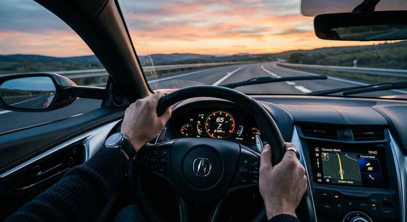 Hands holding premium leather steering wheel looking onto road